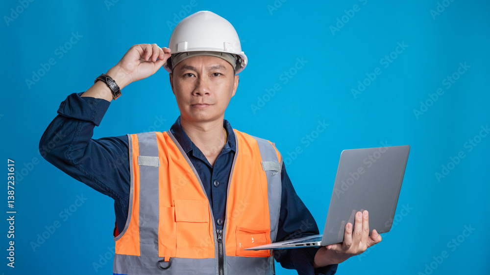 Confident young engineer wearing orange and a safety helmet stands holding a laptop, phone with various emotions. Confident young engineer wearing orange and a safety helmet stands holding a laptop, phone with various emotions.