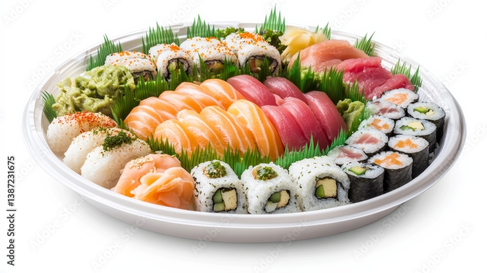 A colorful sushi platter with various rolls. Featuring freshness and variety A colorful sushi platter with various rolls. Featuring freshness and variety
