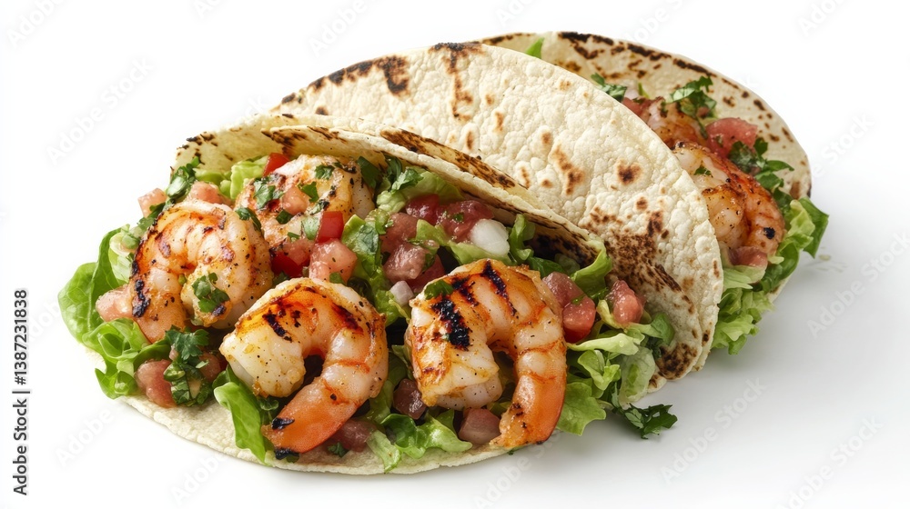 A colorful taco with grilled shrimp, lettuce, and salsa. Featuring vibrancy and flavor A colorful taco with grilled shrimp, lettuce, and salsa. Featuring vibrancy and flavor