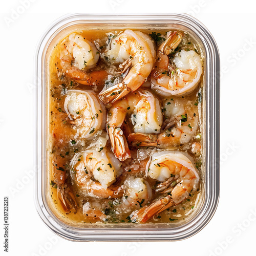 Delicious Shrimp in Garlic Butter Sauce with Fresh Herbs in Clear Container