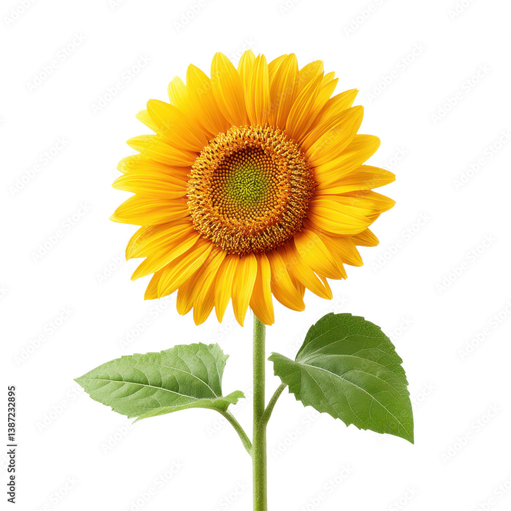 Obraz premium Bright yellow sunflower isolated on white. Close up of a single sunflower with green leaves. Floral, nature, and summer concepts.