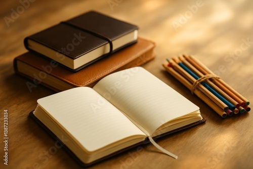 Notebooks and Colored Pencils on a Wooden Desk in Natural Light During Mornin...
