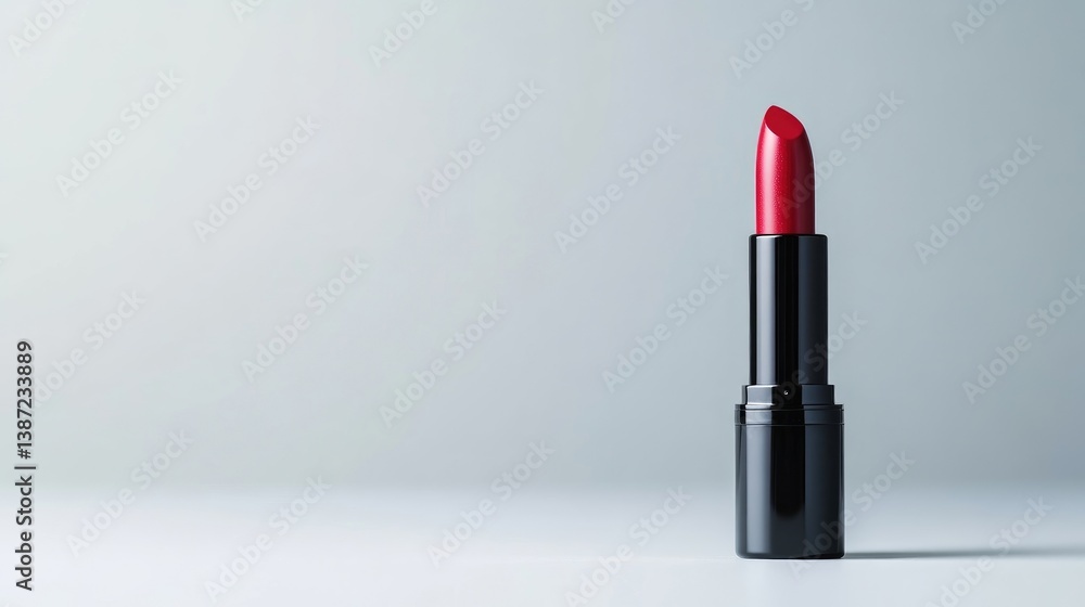A single tube of red lipstick stands on a white surface. The lipstick has a black casing. The image is clean and simple, with soft, diffused lighting. Its a high-quality image, likely digitally enha A single tube of red lipstick stands on a white surface. The lipstick has a black casing. The image is clean and simple, with soft, diffused lighting. Its a high-quality image, likely digitally enha