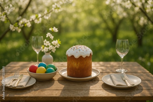 Festive Spring Gathering Featuring Decorated Cake and Colorful Eggs in an Orc...