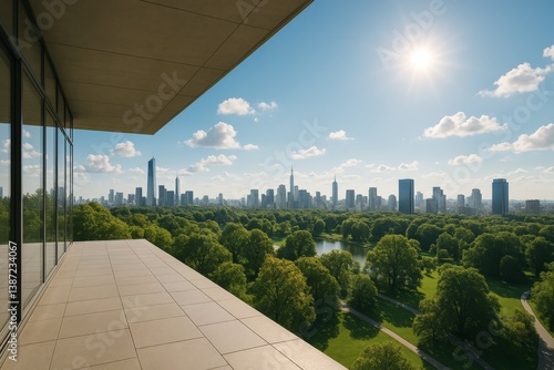 City Skyline View From a Balcony Overlooking a Lush Park on a Sunny Day