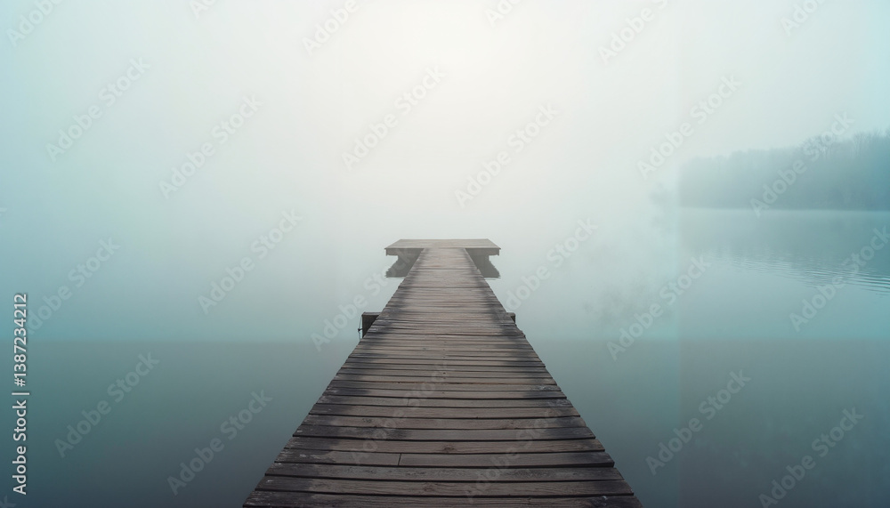 Misty Pier Over Calm Water in Serene Morning Light Misty Pier Over Calm Water in Serene Morning Light