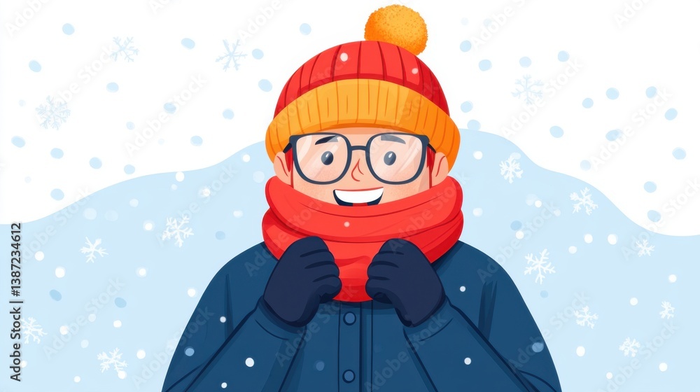 Cheerful young boy with glasses in winter attire smiling against snowy background with snowflakes falling Cheerful young boy with glasses in winter attire smiling against snowy background with snowflakes falling