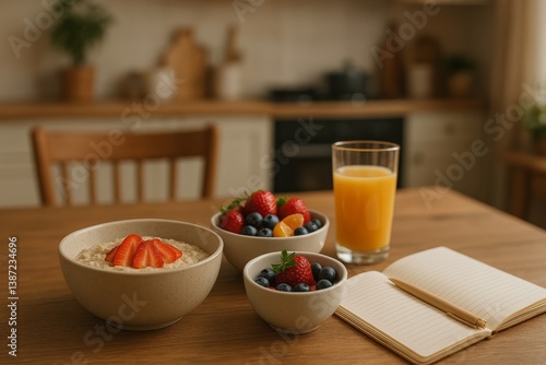 Healthy Breakfast With Oatmeal, Fresh Fruits, and Juice in Cozy Kitchen Setting