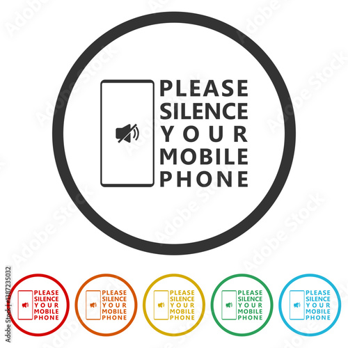 Please silence your mobile phone Icon. Set icons in color circle buttons