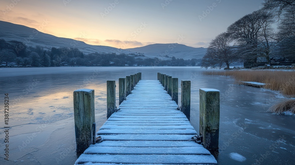 Naklejka premium Frozen winter lake pier at sunrise