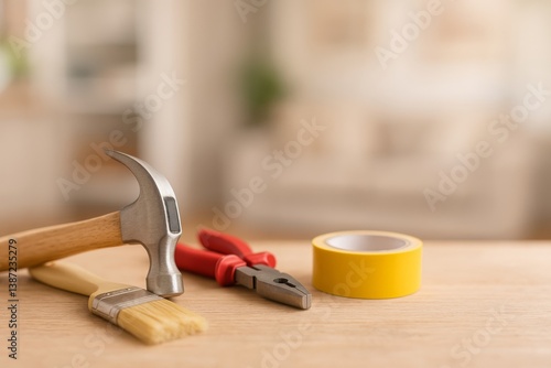 Tools Arranged on a Wooden Surface for Home Improvement Project Preparation i...