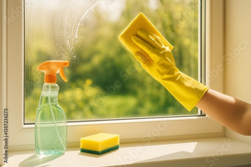 Cleaning a Window With a Sponge and Detergent in a Bright Room During Dayligh...