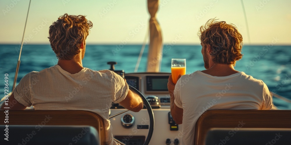 Fototapeta premium Friends enjoying a refreshing drink while sailing their yacht at sunset