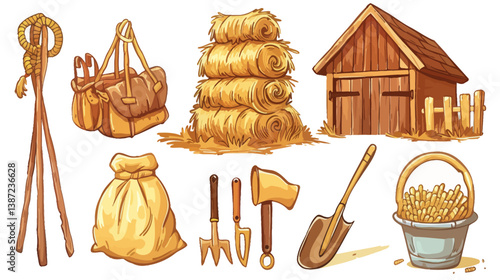 Cartoon ranch interior illustration with haystack, rope, shovel, pitchfork, barn, bucket, and farm sack in rustic style