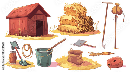 Cartoon ranch interior illustration with haystack, rope, shovel, pitchfork, barn, bucket, and farm sack in rustic style