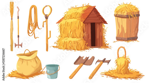 Cartoon ranch interior illustration with haystack, rope, shovel, pitchfork, barn, bucket, and farm sack in rustic style
