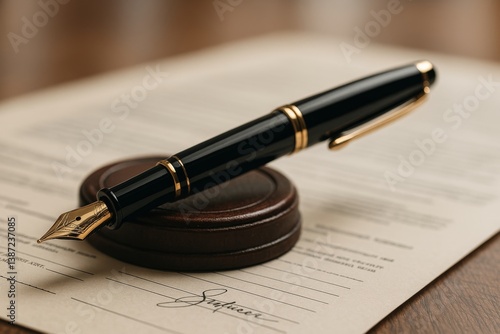 Elegant Fountain Pen Resting on a Wooden Desk With Important Documents and Si...
