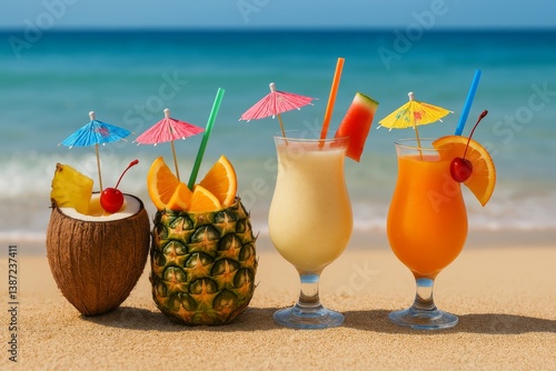 Tropical Drinks Lined up on a Sandy Beach With Ocean Waves in the Background