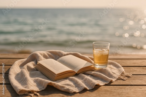 Relaxing by the Beach With a Book and Drink During Sunset