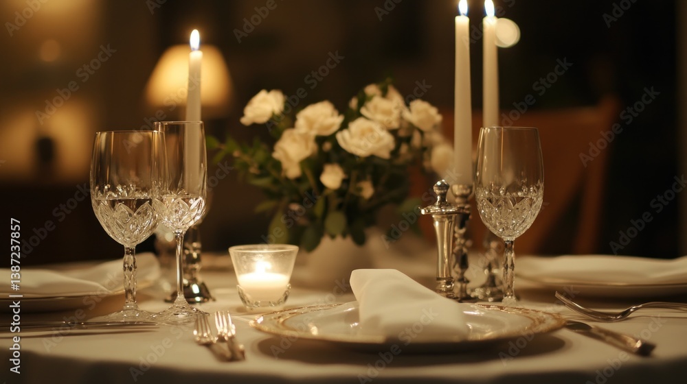 Romantic Dinner Table Setting: Candles, Crystal, and Roses Romantic Dinner Table Setting: Candles, Crystal, and Roses