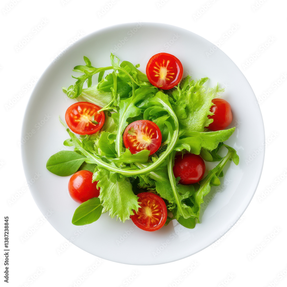Fresh salad with arugula, lettuce, and cherry tomatoes on a white plate. Healthy eating concept. Fresh salad with arugula, lettuce, and cherry tomatoes on a white plate. Healthy eating concept.