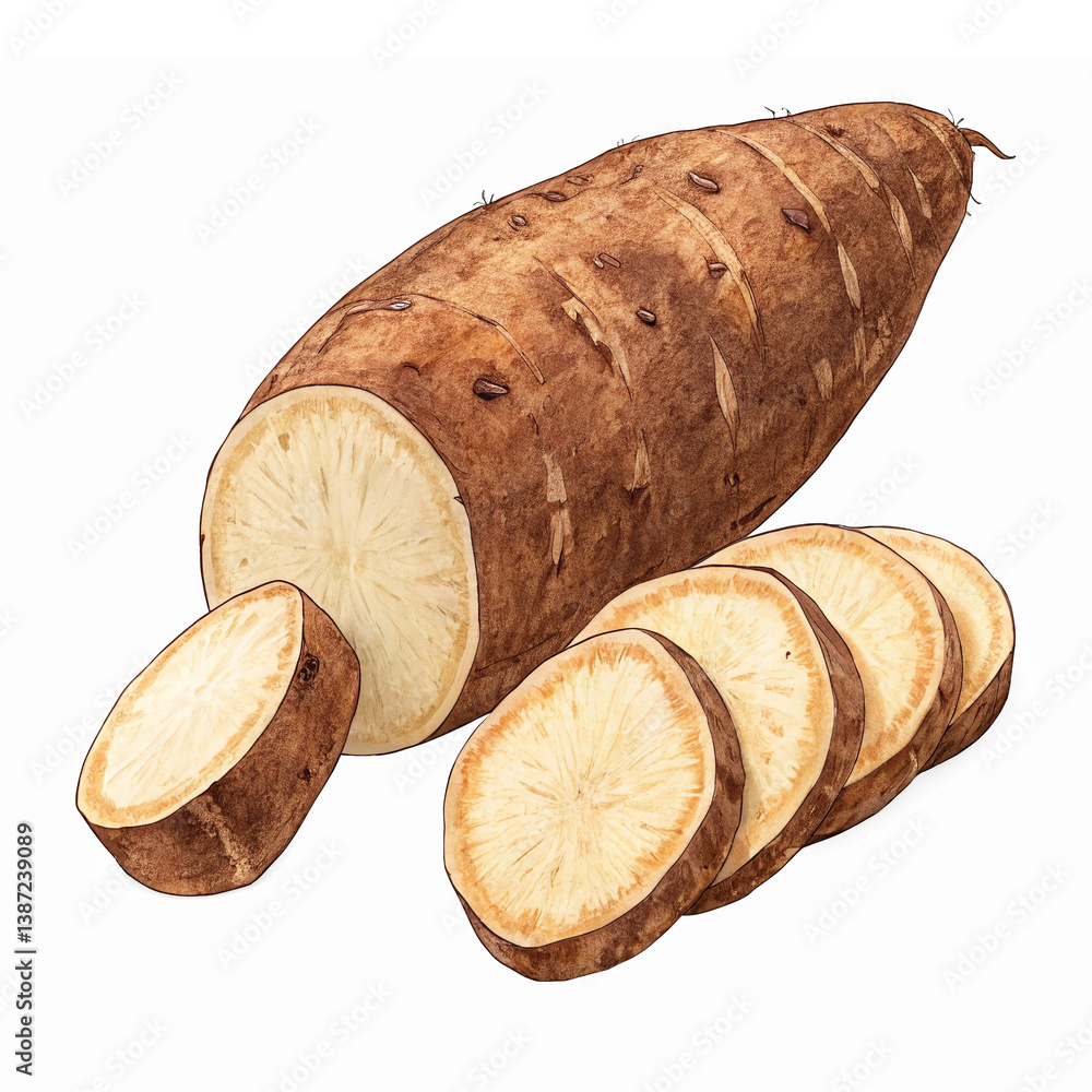 Yam Root and Freshly Sliced Segments Isolated on Transparent Background for Culinary Use Yam Root and Freshly Sliced Segments Isolated on Transparent Background for Culinary Use