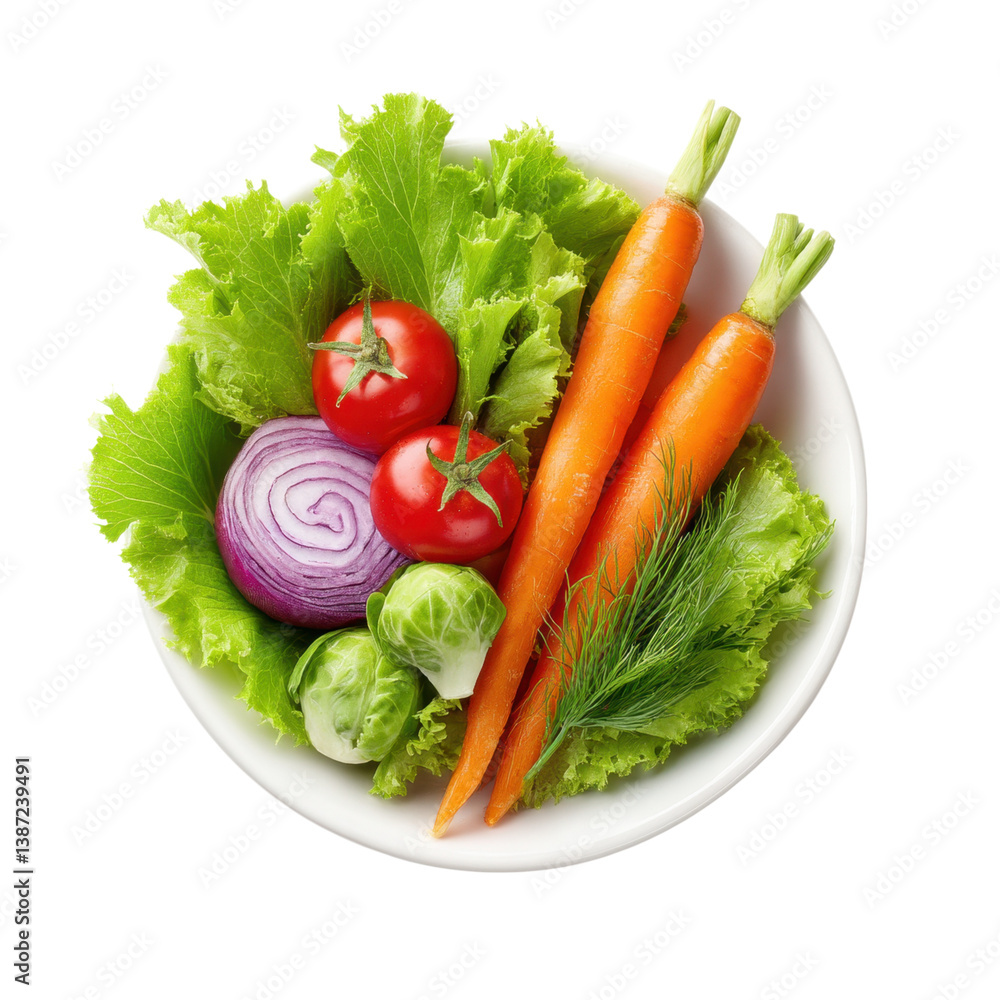 Overhead shot of a fresh salad with lettuce, carrots, tomatoes, red onion, and brussel sprouts in a white bowl. Healthy eating concept. Overhead shot of a fresh salad with lettuce, carrots, tomatoes, red onion, and brussel sprouts in a white bowl. Healthy eating concept.