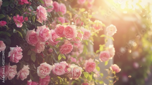 Wallpaper Mural Pink Roses Blooming in Garden with Sunlight Creating a Soft Warm Glow Torontodigital.ca