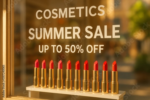 Cosmetics Summer Sale Displays Various Lipsticks in a Shop Window With Discou...
