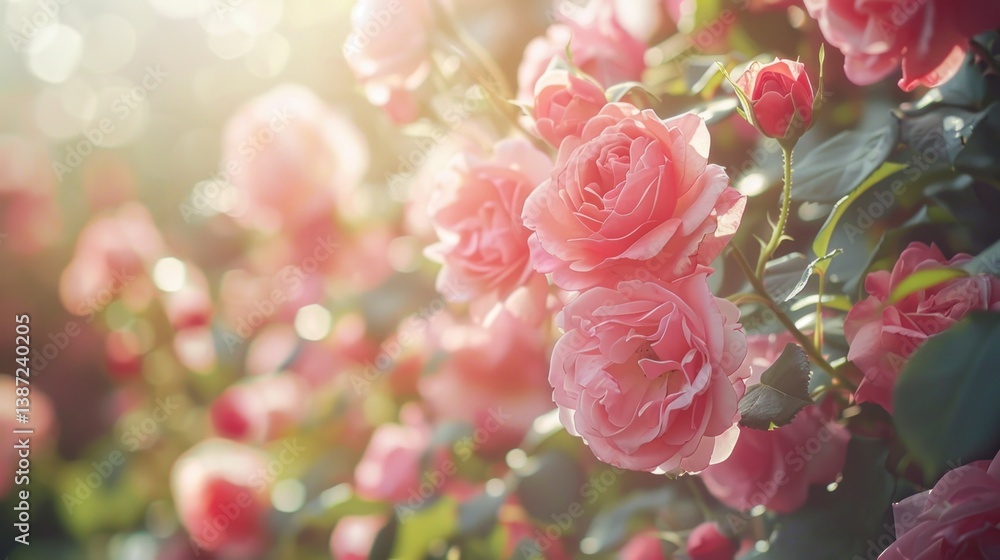 Obraz premium Blooming Roses in Sunlight Create a Soft Focus Floral Backdrop