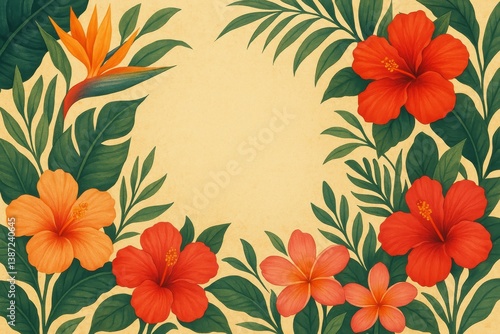 Bright Tropical Flowers With Leaves Arranged in a Vibrant Frame on a Light Ba...