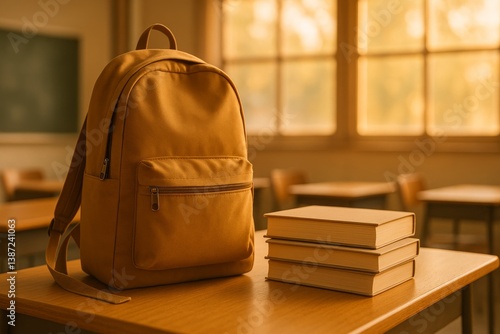 Warm Sunlight Illuminates a Backpack and Stacked Books in a Cozy Classroom Se...