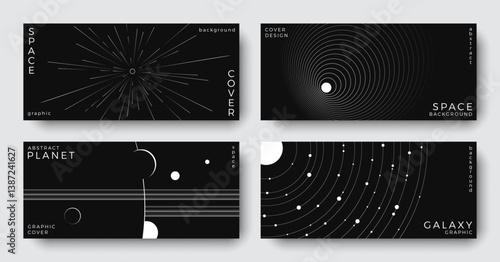 Set of abstract space astronomy horizontal backgrounds. Line art planet, galaxy, solar system, meteorite. Science future concept. Cosmic black and white design for cover, poster, banner, flyer, ads