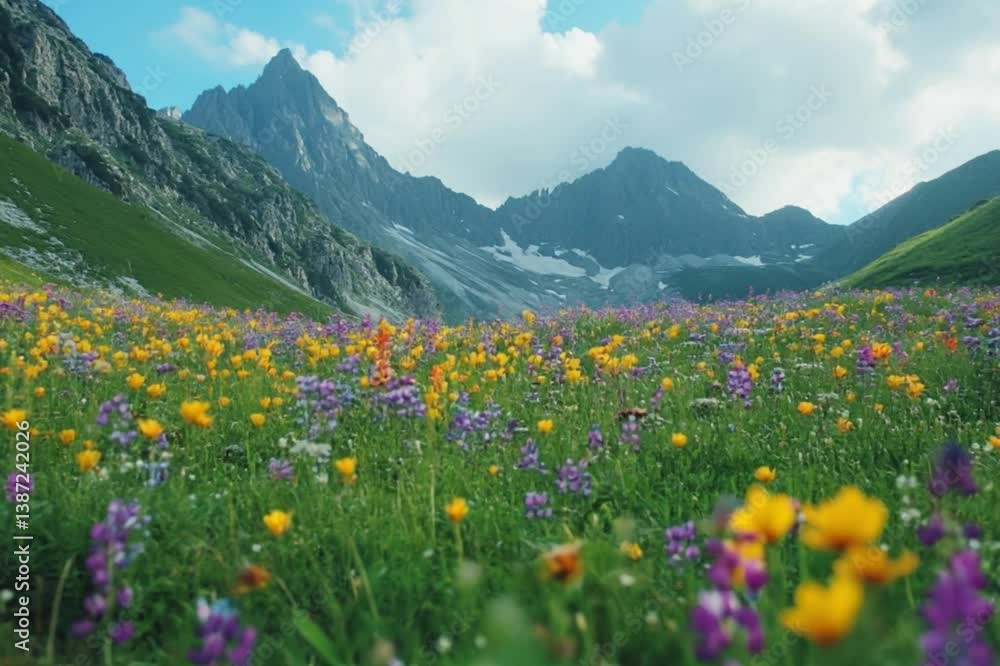 Vibrant wildflower meadow with majestic mountain backdrop