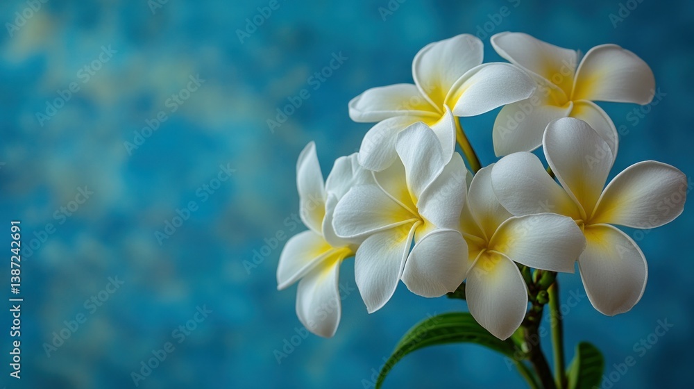 Fototapeta premium Close-up of Plumeria flowers on a blue backdrop