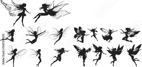 Collection of silhouettes of fairy women with transparent dragonfly wings. fairy princess with wings vector illustration