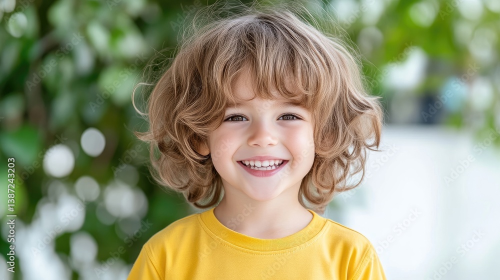 A joyful toddler with curly blonde hair smiles brightly. He wears a yellow shirt. The photo has a shallow depth of field, focusing on the child against a blurred green background. The lighting is na A joyful toddler with curly blonde hair smiles brightly. He wears a yellow shirt. The photo has a shallow depth of field, focusing on the child against a blurred green background. The lighting is na