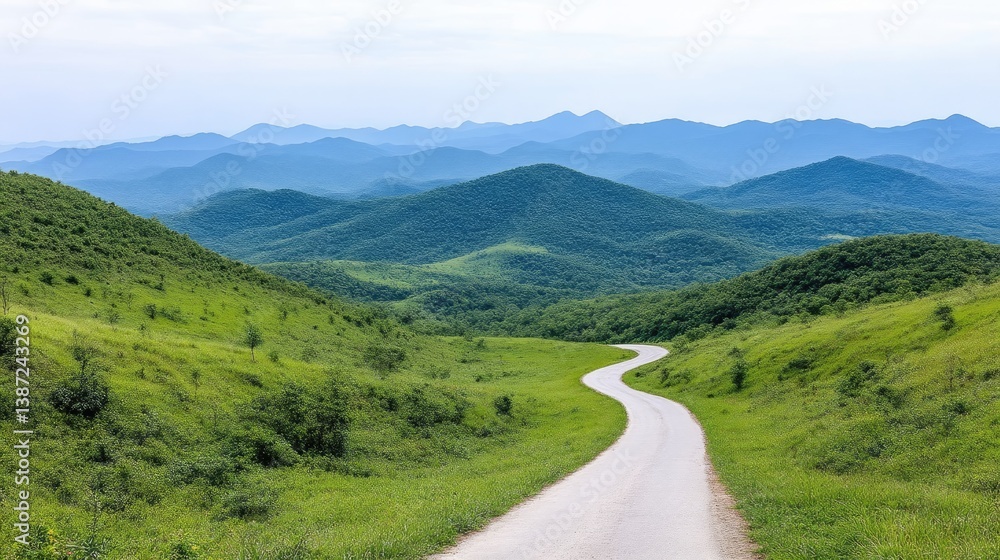 Fototapeta premium A winding road curves through lush green hills and mountains. The landscape features rolling hills, abundant greenery, and a clear sky. The image is high-resolution, showcasing vibrant colors and exc