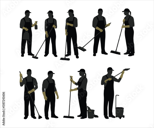 Vector representations of maintenance individuals wielding cleaning tools.
