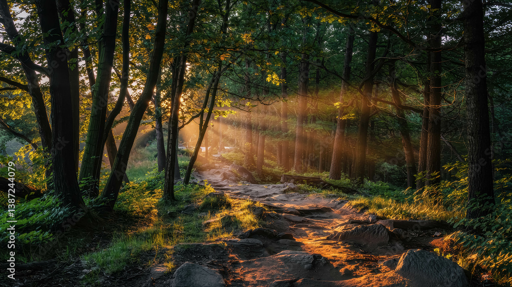 Fototapeta premium Scenic Forest Mountain Hiking Trail Landscape With Sun Rays And Lush Greenery. Forest Trail