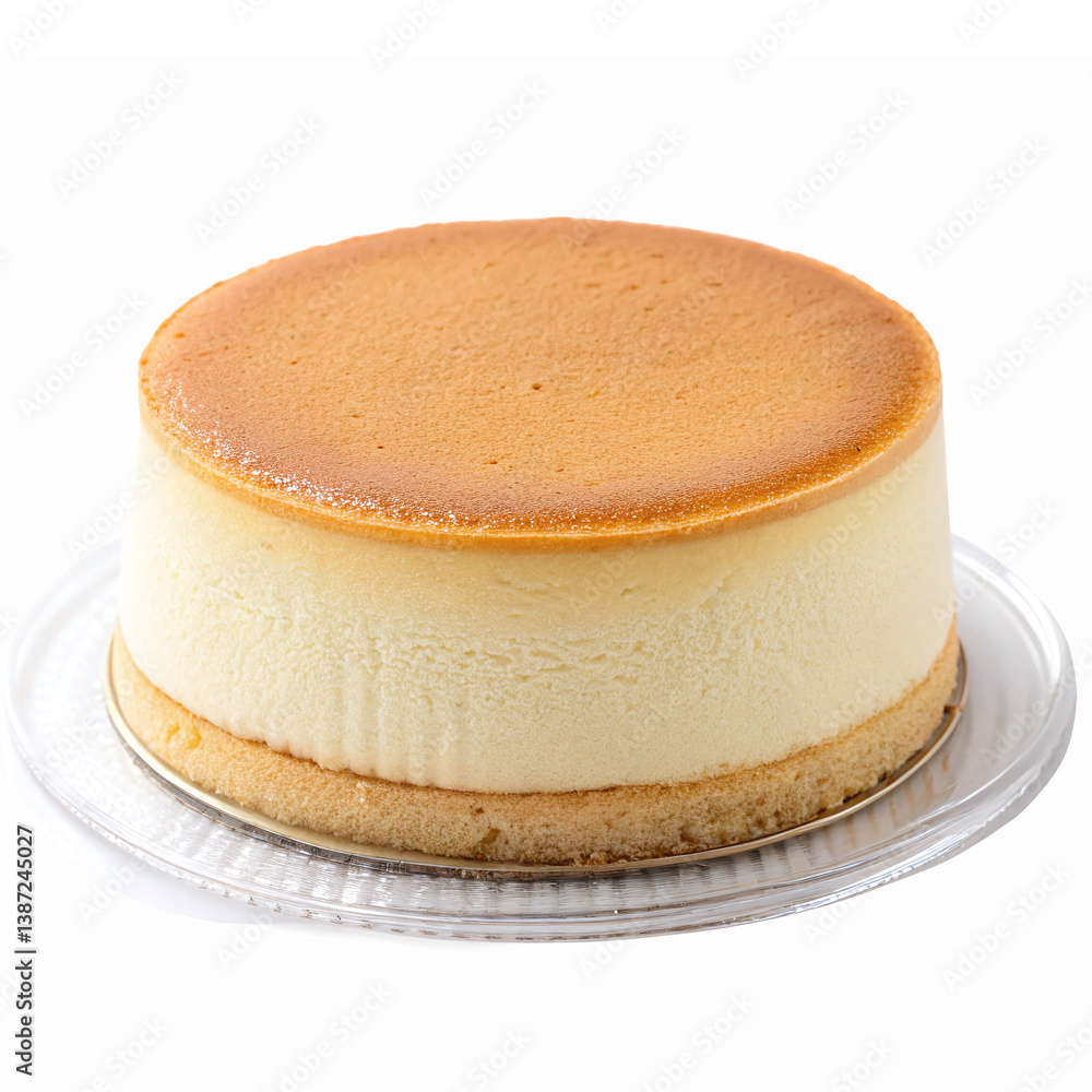 Delicious Creamy Japanese Cheesecake with Golden Brown Top on Clear Plate Delicious Creamy Japanese Cheesecake with Golden Brown Top on Clear Plate