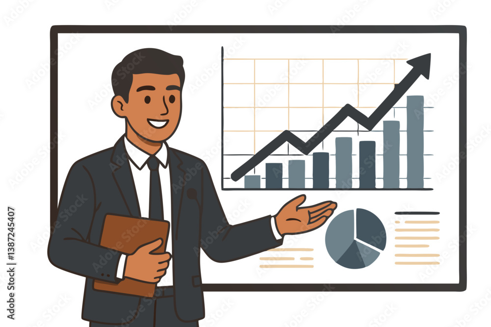 Confident Business Professional Presenting Financial Growth Data with Rising Chart and Pie Graph Vector Illustration for Corporate Presentations, Financial Reports, and Business Analytics Confident Business Professional Presenting Financial Growth Data with Rising Chart and Pie Graph Vector Illustration for Corporate Presentations, Financial Reports, and Business Analytics