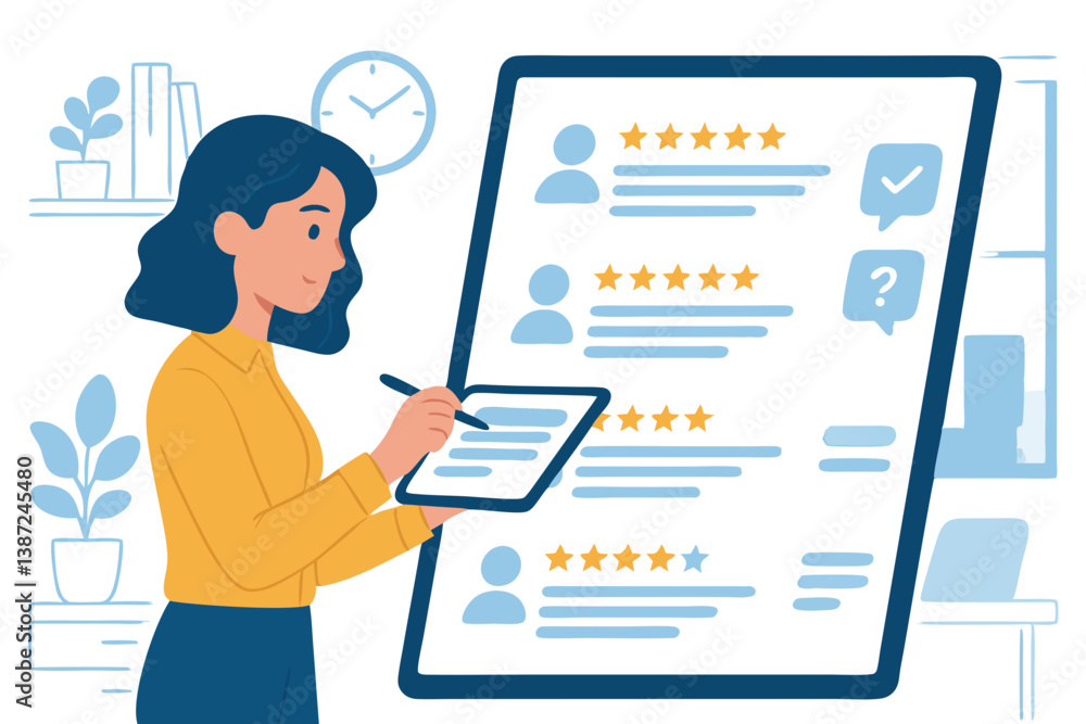 Customer Feedback Analysis: Professional Woman Reviewing Online Ratings and Comments on Digital Tablet, Modern Office Environment, Customer Service Excellence Illustration Customer Feedback Analysis: Professional Woman Reviewing Online Ratings and Comments on Digital Tablet, Modern Office Environment, Customer Service Excellence Illustration
