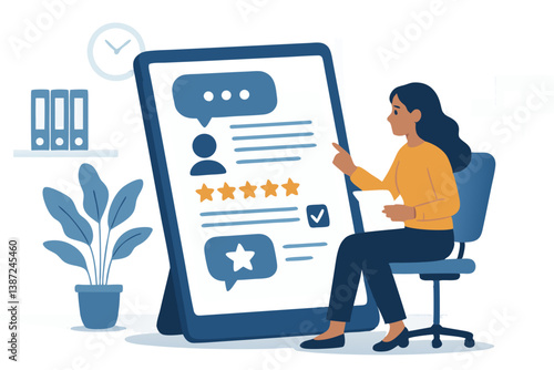 Modern Business Professional Reviewing Online Customer Feedback and Ratings on Giant Tablet Interface, Digital Customer Experience Management Illustration with Five-Star Rating System and User Comment