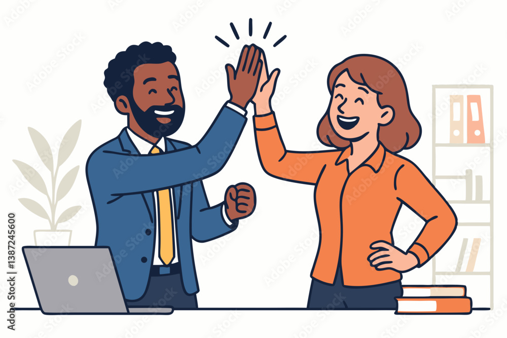 Professional Teamwork Success Celebration with Coworkers Giving a High Five in Office Setting Professional Teamwork Success Celebration with Coworkers Giving a High Five in Office Setting