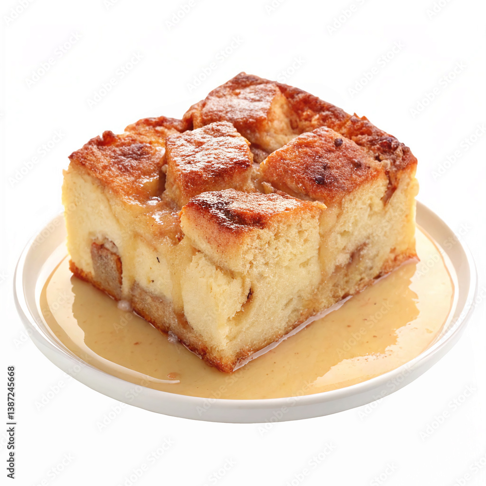 Delicious Homemade Bread Pudding with Vanilla Sauce on a White Plate Delicious Homemade Bread Pudding with Vanilla Sauce on a White Plate