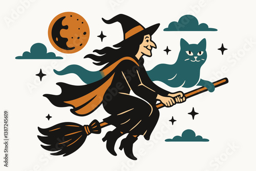 Vintage Halloween Witch Flying on Broomstick with Black Cat Under Full Moon in Whimsical Night Sky