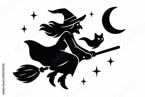 Mystical Witch Silhouette Flying on Broomstick with Black Cat Familiar Under Crescent Moon and Stars, Halloween Vector Graphic for Seasonal Decoration and Spooky Designs