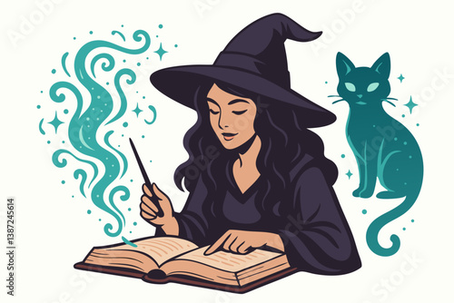 Enchanting Witch Casting Spells with Magic Wand and Spectral Cat in Mystical Illustration