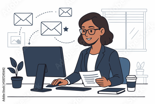 Professional Business Woman Managing Email Communication in Modern Office Environment with Laptop, Digital Correspondence, and Workspace Organization for Efficient Productivity